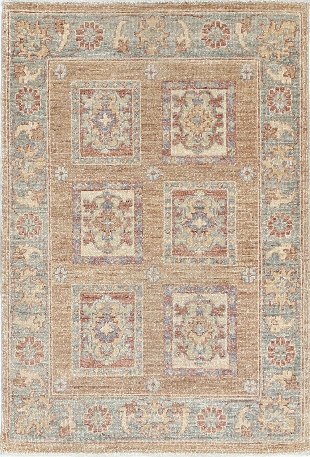 2x3 Ft Hand Knotted Red, Tan, Light Blue And Ivory Turkish Wool Area Rug