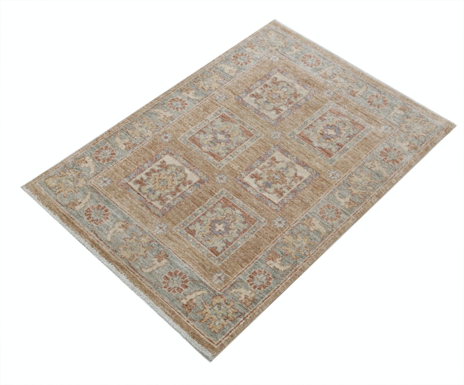 2x3 Ft Hand Knotted Red, Tan, Light Blue And Ivory Turkish Wool Area Rug photo for sale