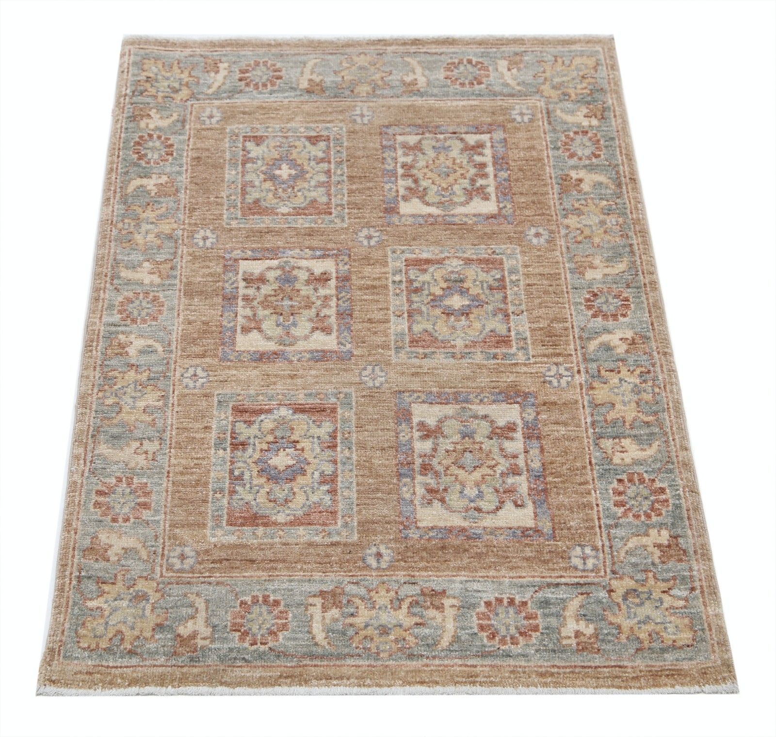 Tapis en laine turque noué à la main, rouge, beige, bleu clair et ivoire, 60 x 90 cm photo Textiles