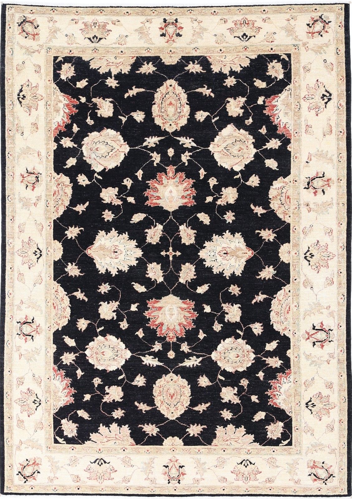 5.6x8 Ft Hand Knotted Floral Area Rug With Black Field And Beige Border