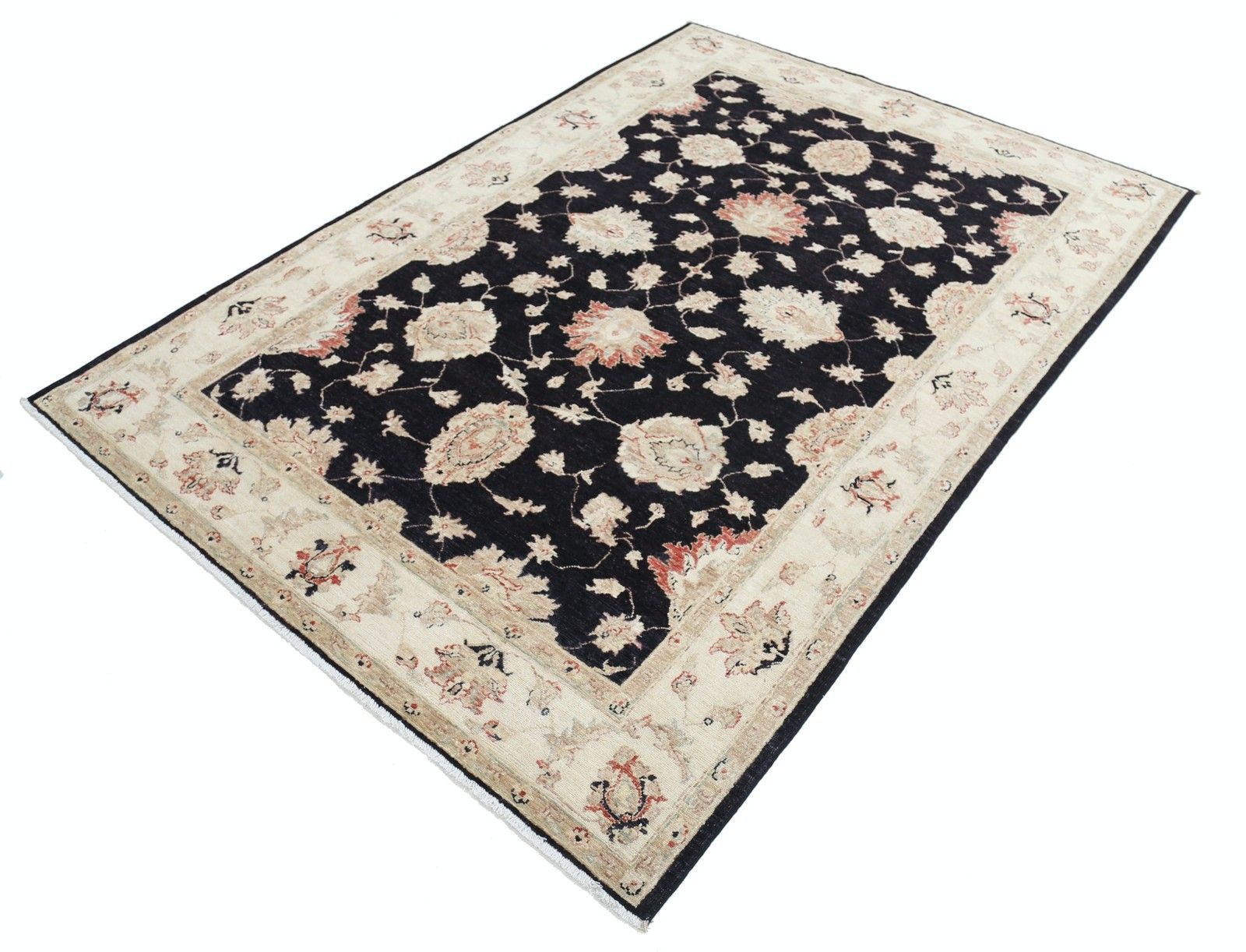 5.6x8 Ft Hand Knotted Floral Area Rug With Black Field And Beige Border photo for sale