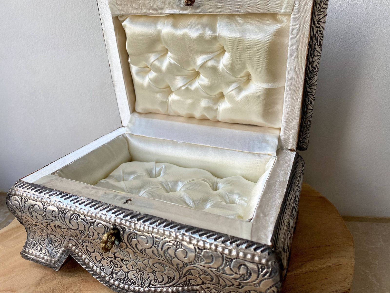 Vintage French Wood And Metal Jewelry Box, White Tufted Silk, Trinket Box