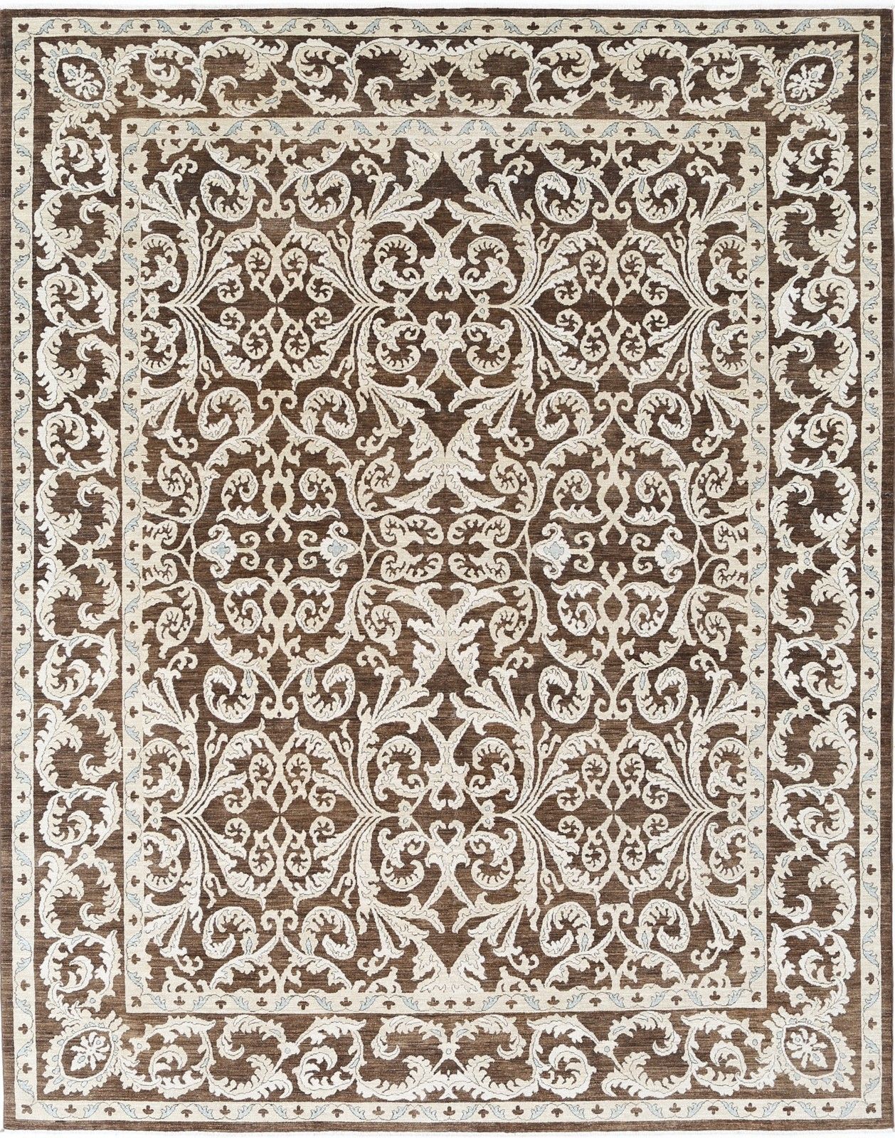 8.8x11.5 Ft Handknotted Brown And Ivory Rug. Turkish Floral Scroll Design Carpet