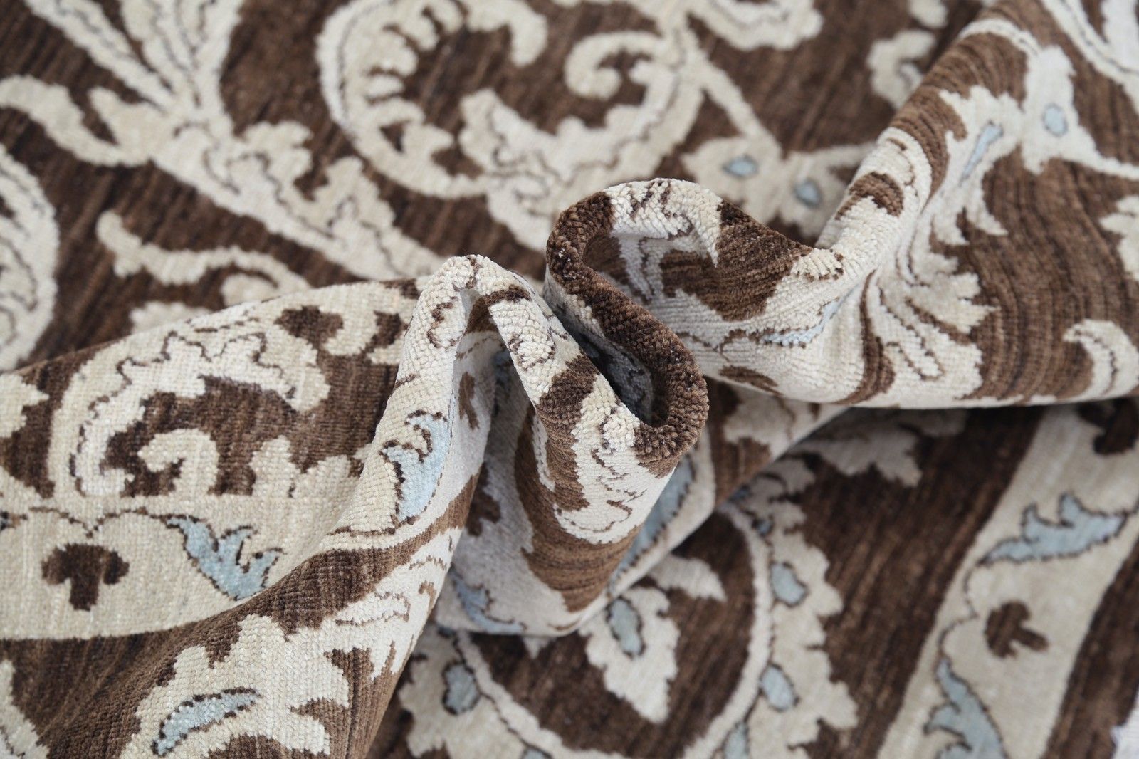 8.8x11.5 Ft Handknotted Brown And Ivory Rug. Turkish Floral Scroll Design Carpet photo vinterior