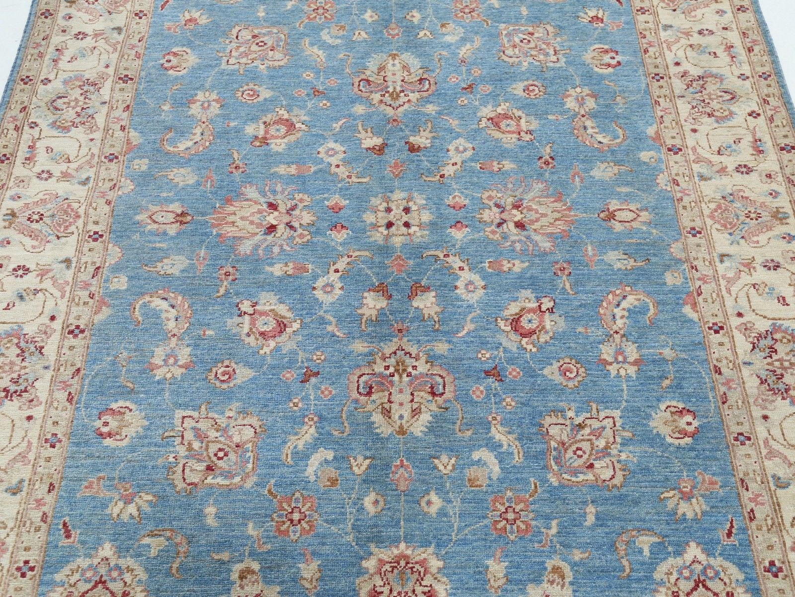 5x7 Ft Handknotted Floral Oushak Rug With Blue Field And Beige Border. 100% Wool photo 1650.0