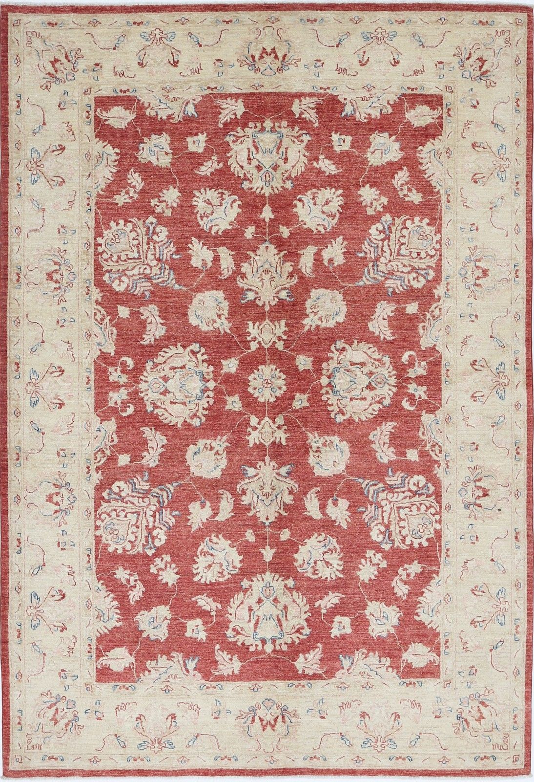 5.6x8 Ft Traditional Handknotted Floral Area Rug With Red Field And Beige Border