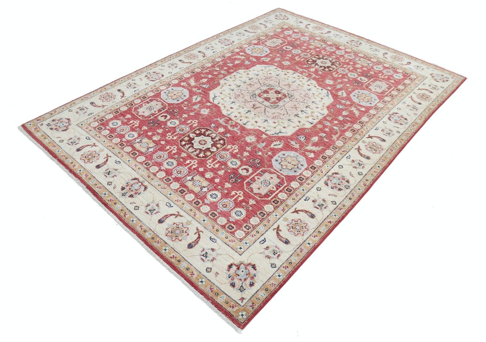 Tapis en laine fait main, rouge, ivoire et bleu clair, motif médaillon, 170 x 240 cm photo for sale