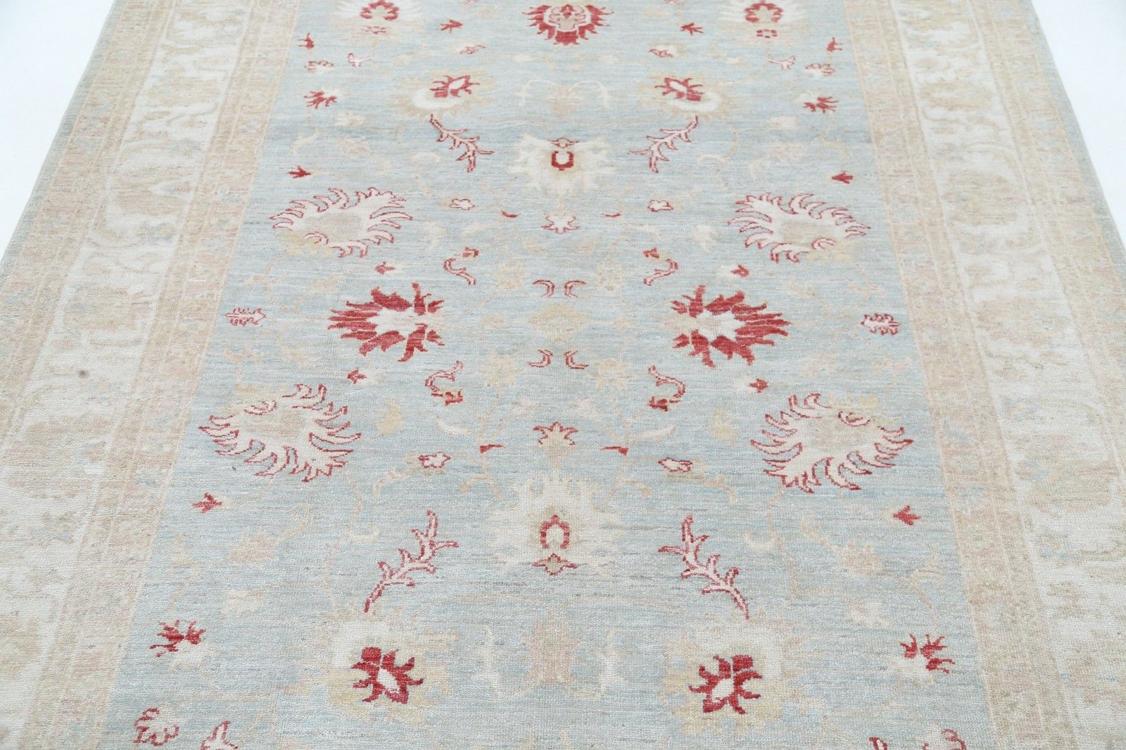 5.8x8.2 Ft Handmade Light Blue, Ivory And Red Wool Area Rug With Floral Design photo for sale
