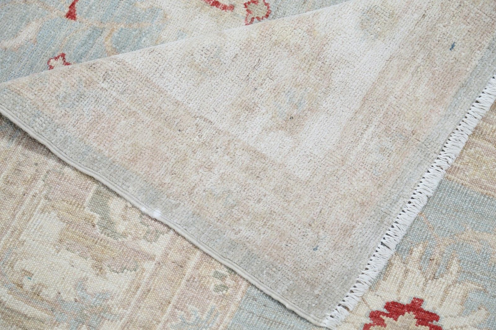 Tapis en laine fait main bleu clair, ivoire et rouge à motif floral, 5,8 x 8,2 ft photo buy