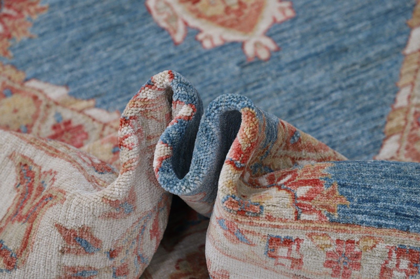 6.6x10.4 Ft Hand Knotted Light Blue, Ivory & Blush Rug. Diamond Geometric Design photo 3331.0