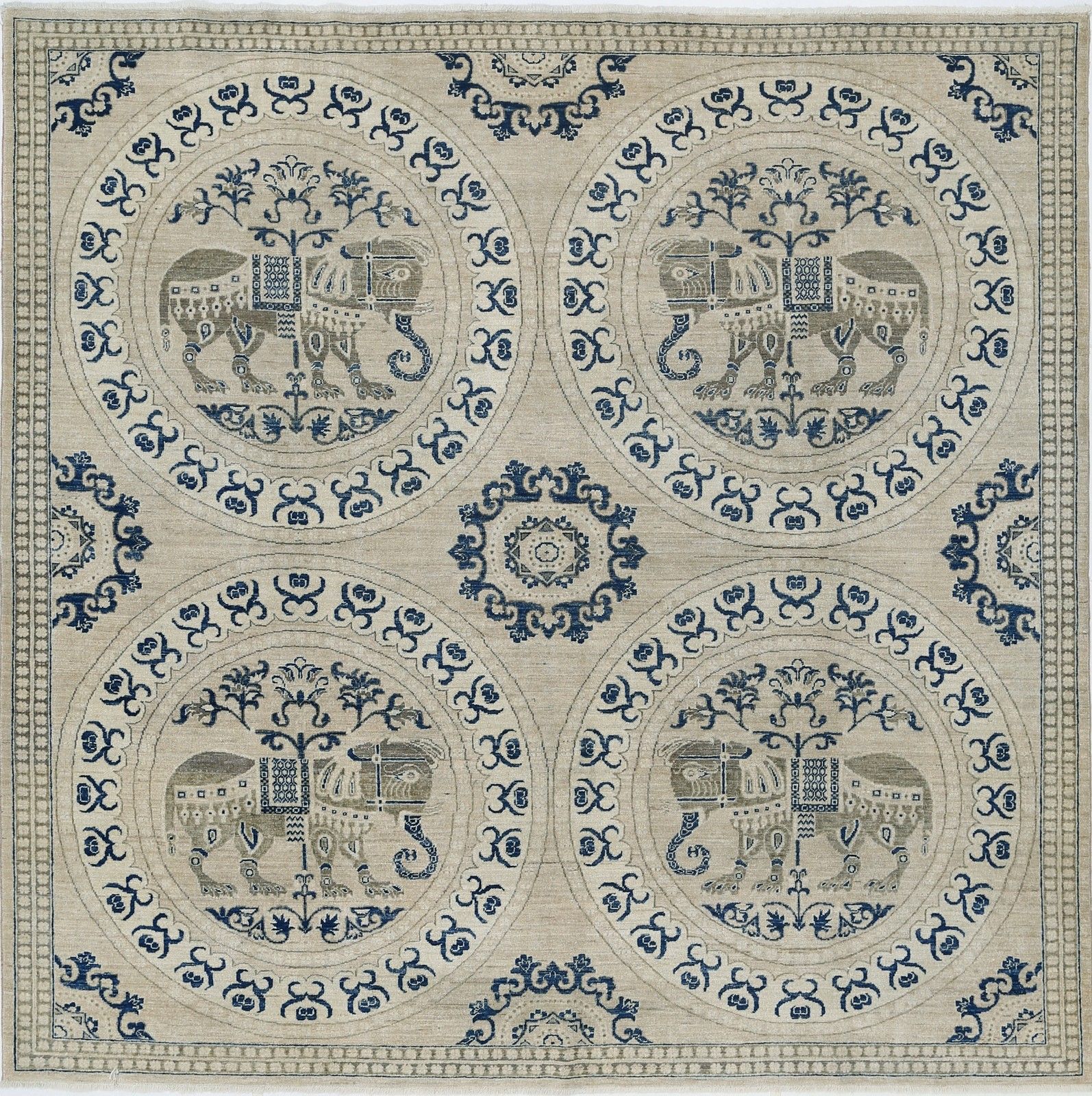 8x8 Ft Handmade Beige And Navy Blue Square Rug With Elephant Medallion Design