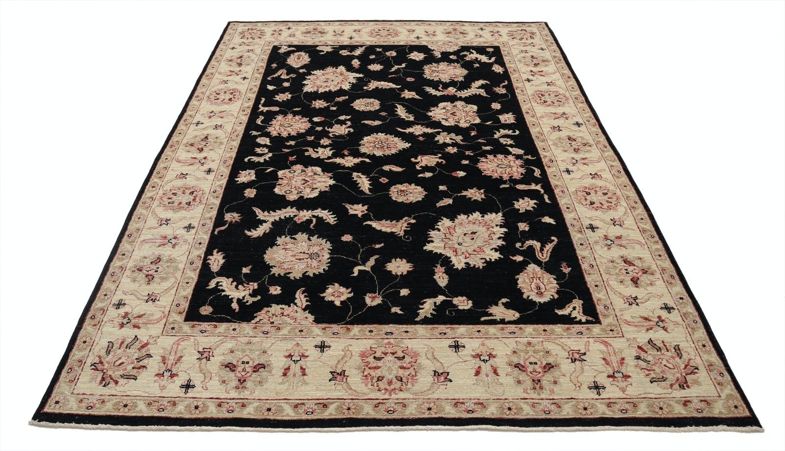 Tapis à motifs floraux noué à la main, fond noir et bordure beige, 170 x 240 cm photo Textiles