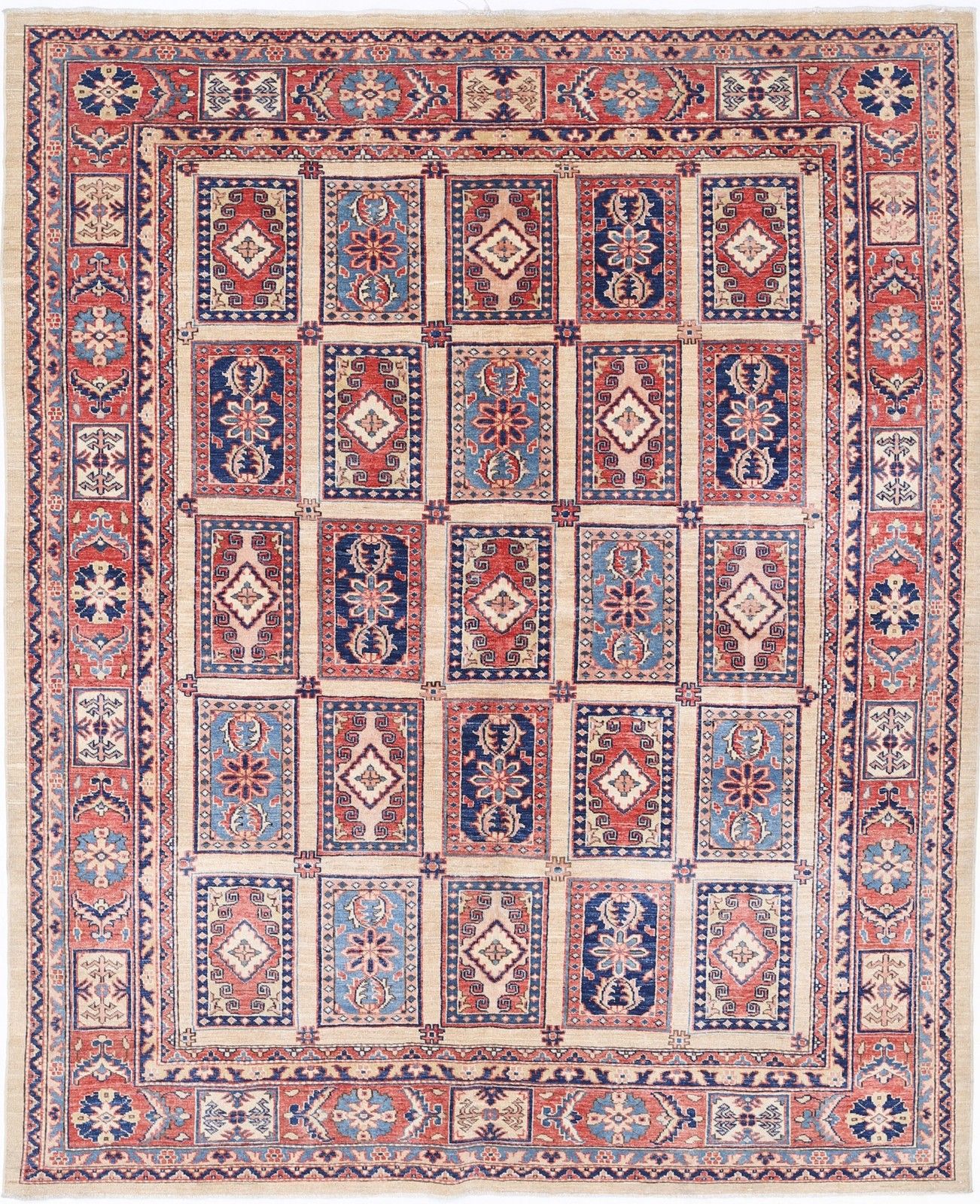 6,6x8 Ft Handgemaakt Vloerkleed in Rood, Lichtblauw en Ivoor met Geometrisch Paneeldesign