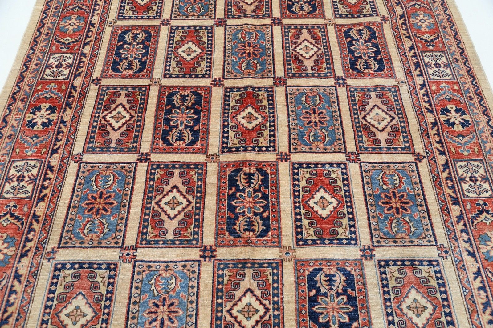 6.6x8 Ft Handmade Red, Light Blue And Ivory Area Rug With Panel Geometric Design photo for sale