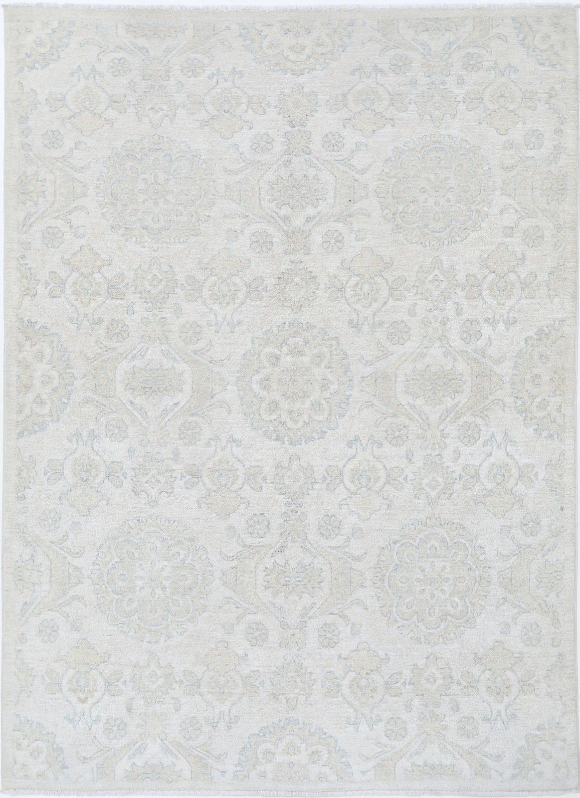 Tapis en laine noué à la main, ivoire et bleu, motif médaillon floral, 1,50 x 2,04 m