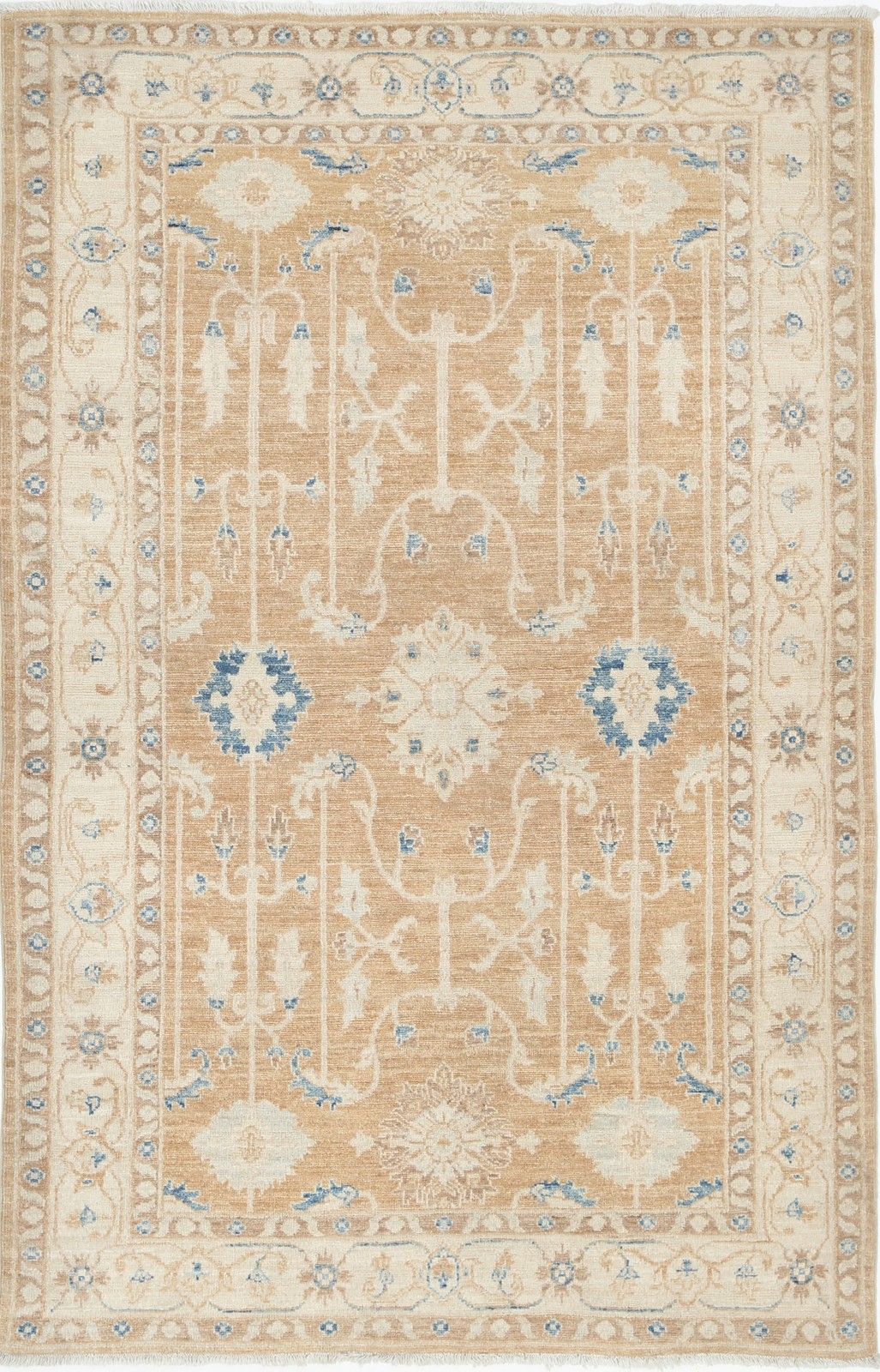 3,8x5,8 ft Handgeknoopt Zacht Rood, Beige en Lichtblauw Bloemen Wollen Vloerkleed