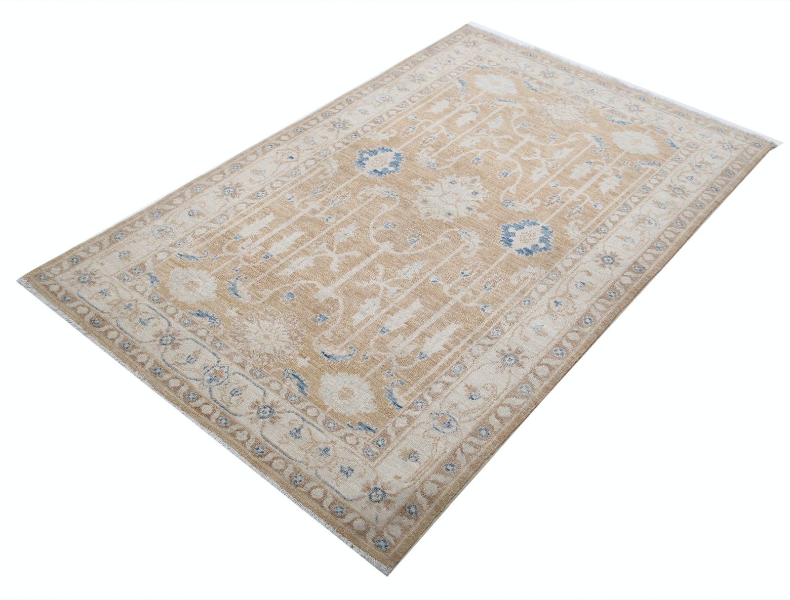 3,8x5,8 ft Handgeknoopt Zacht Rood, Beige en Lichtblauw Bloemen Wollen Vloerkleed photo for sale