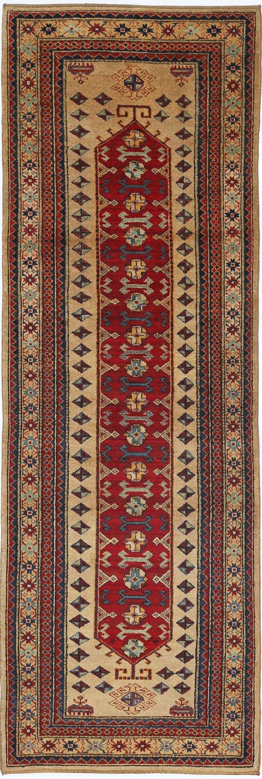 3,2 x 9,7 ft handgeknoopt loper, rood, marineblauw en beige. Tribale gangloper