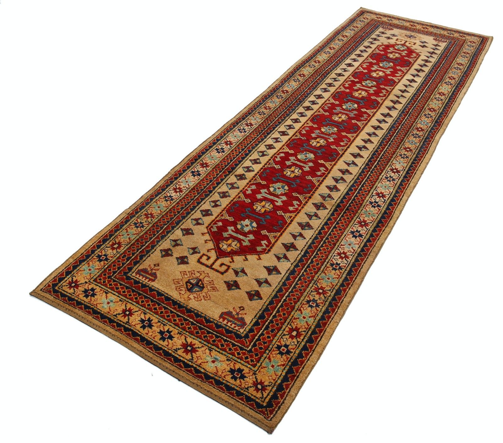 3,2 x 9,7 ft handgeknoopt loper, rood, marineblauw en beige. Tribale gangloper photo for sale