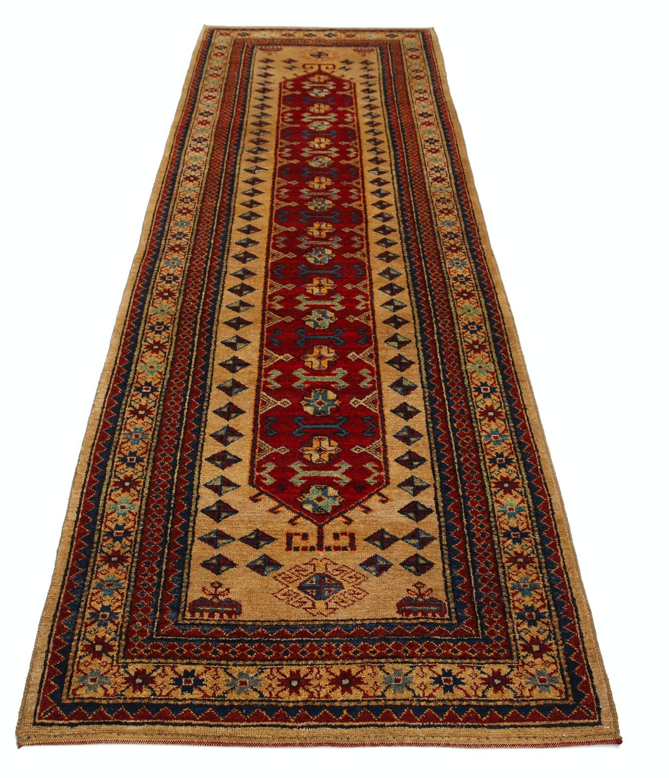 3,2 x 9,7 ft handgeknoopt loper, rood, marineblauw en beige. Tribale gangloper photo Textiel