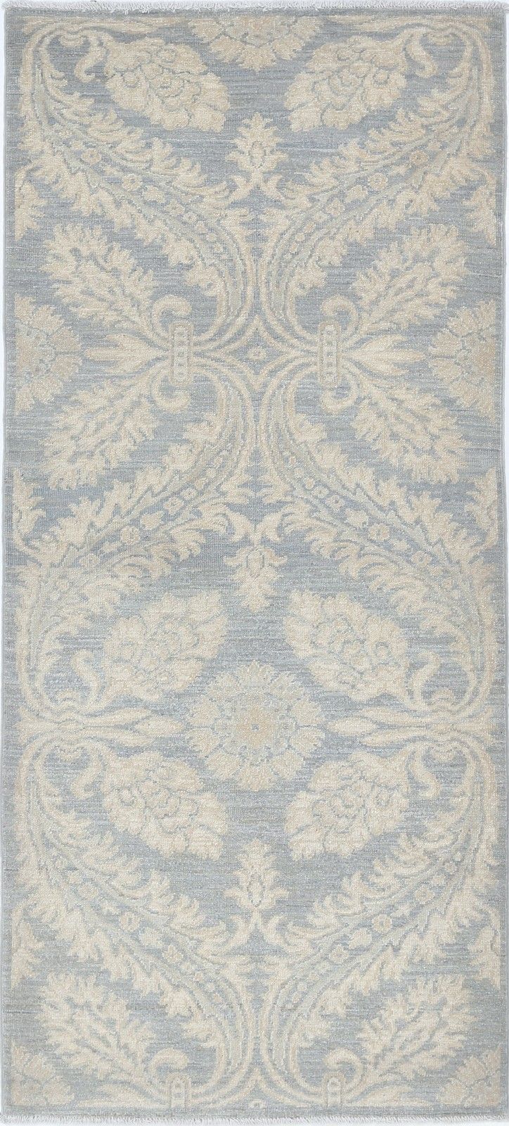 Tapis de couloir noué à la main 82 x 181 cm, bleu clair et ivoire. Tapis de cuisine en laine