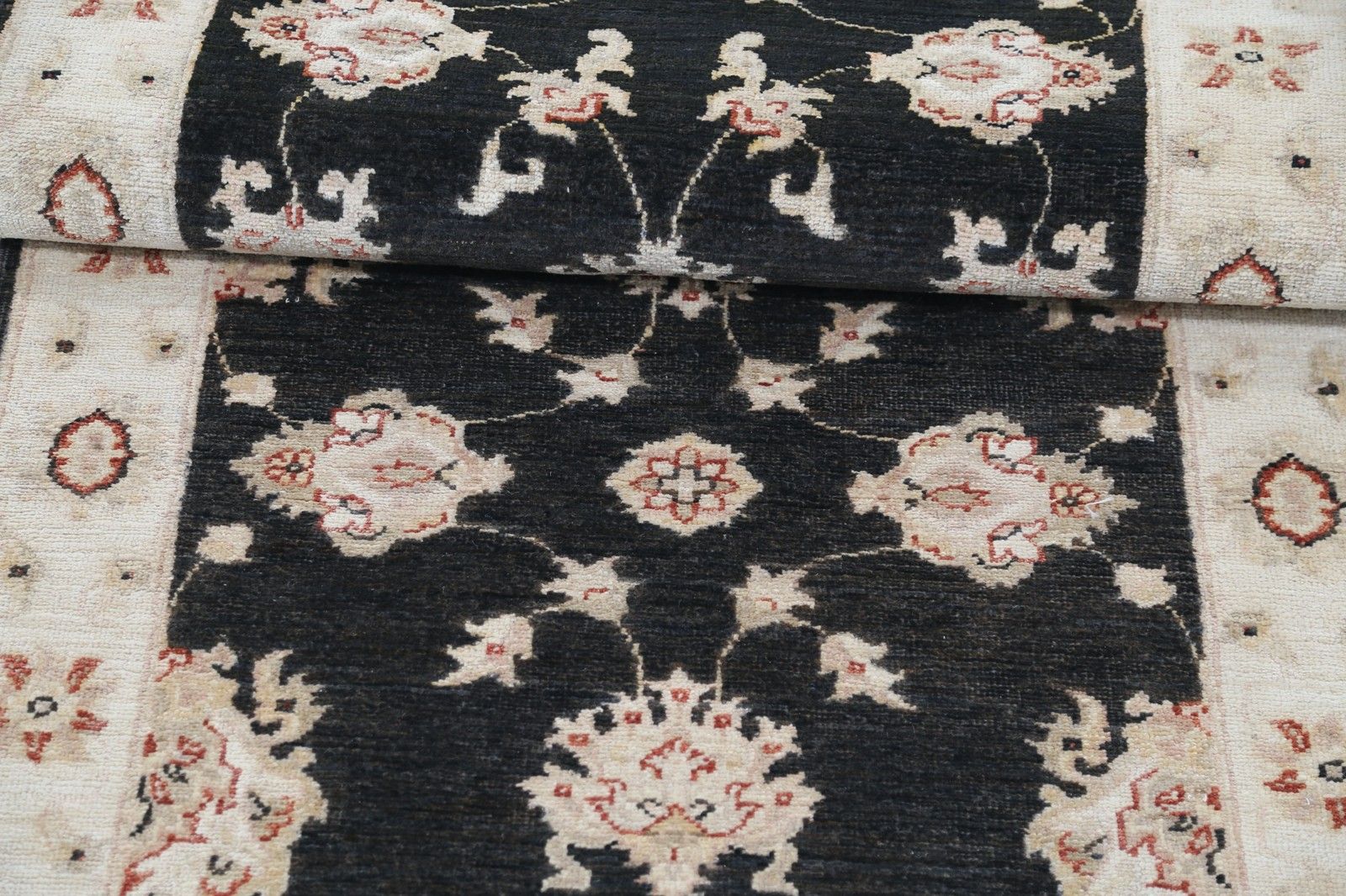 2.7x8.2 Ft Hand Knotted Black, Beige Runner Rug. Floral Corridor Rug For Hallway photo Textiles