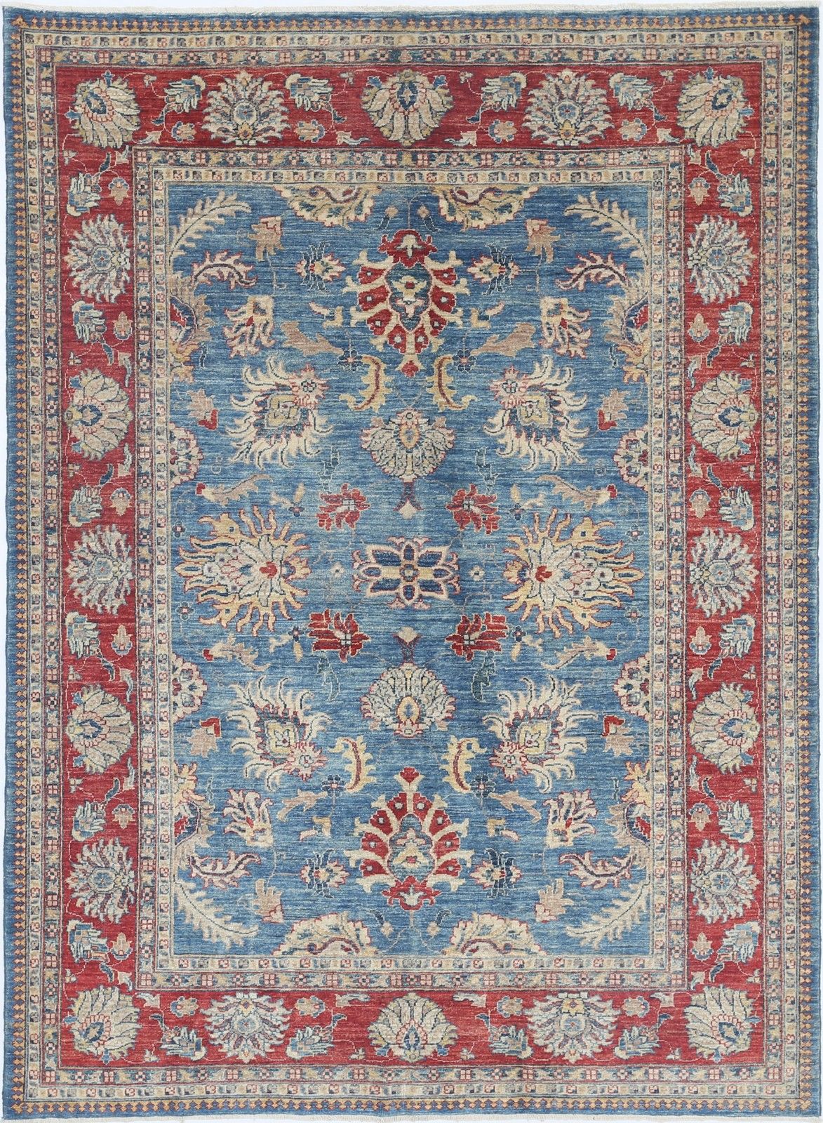 5.6x7.6 Ft Handknotted Light Blue, Red & Ivory Wool Area Rug With Floral Design
