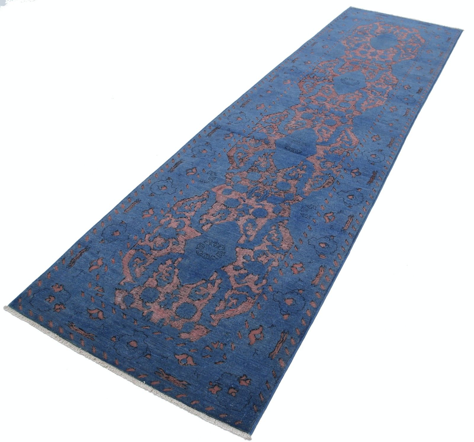 Tapis de couloir turc 3,2 x 12 pi, bleu marine et rose poudré, tapis de cuisine et de couloir photo for sale