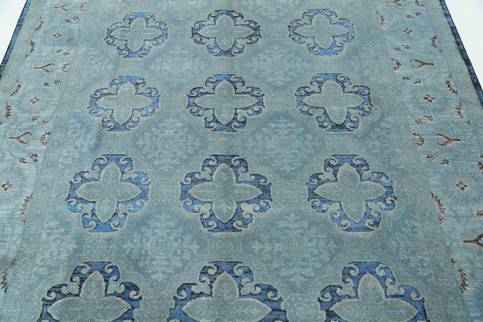6,2 x 8,6 ft handgeknoopt lichtblauw en marineblauw vloerkleed, klaverblad medaillondesign photo 2647.0