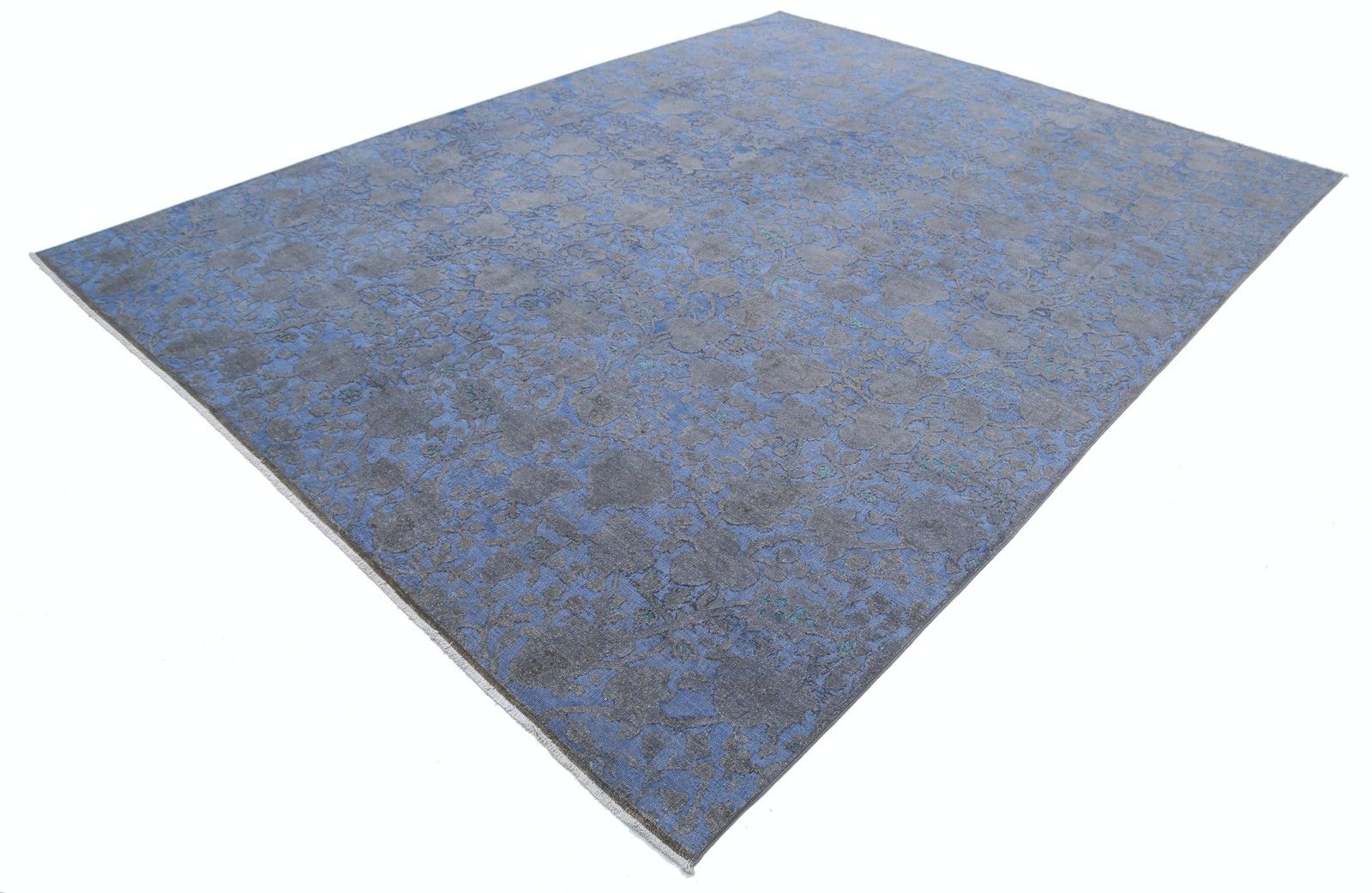 Tapis noué à la main bleu et gris, 2,62 x 3,41 m, motif floral botanique photo for sale