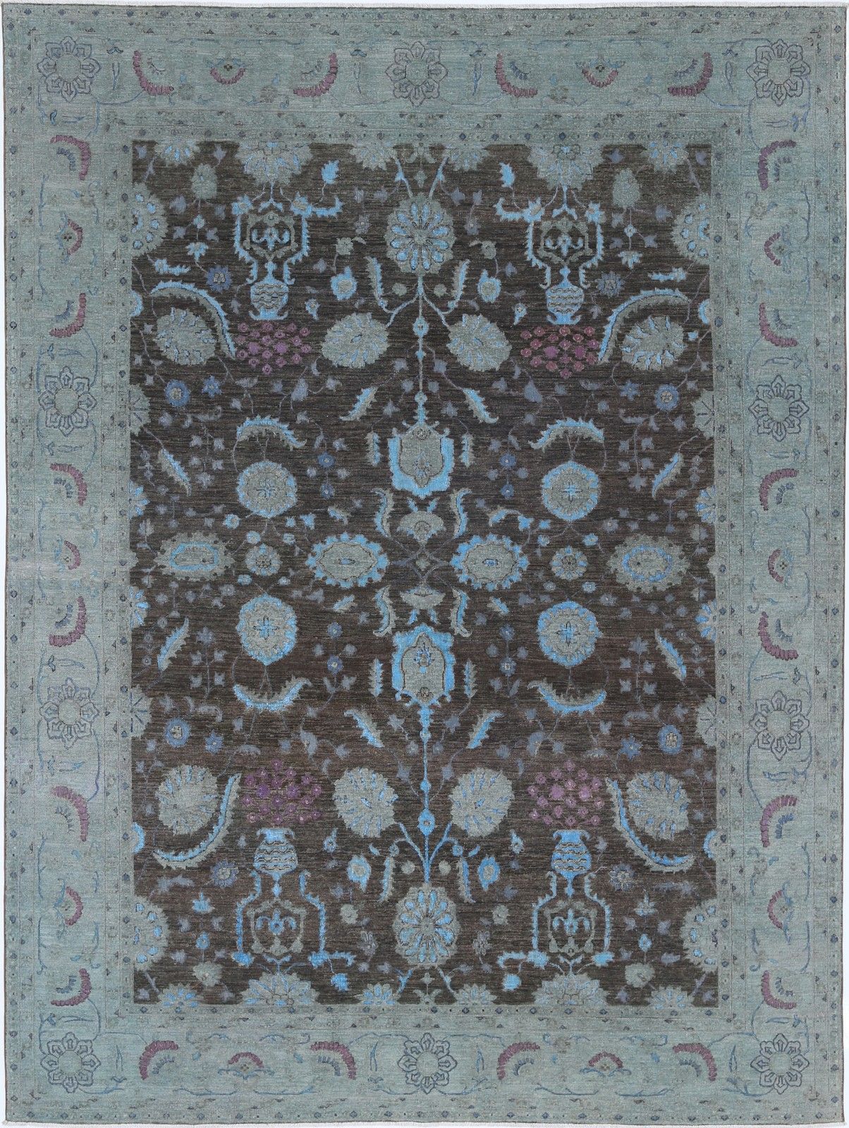 8.7x11.8 Ft Handmade Gray, Light Blue & Lavender Rug. Floral Vase Design Carpet