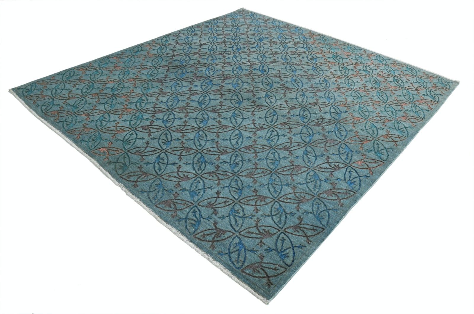Tapis carré turc noué à la main, 214 x 227 cm, bleu, pour la décoration intérieure. 100 % laine photo furniture