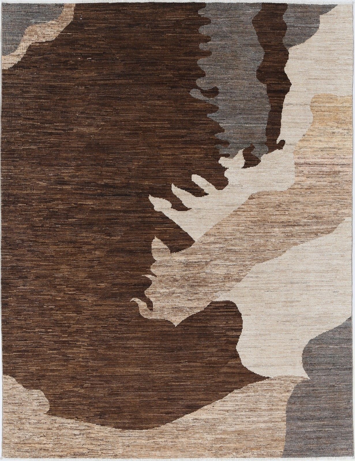 Tapis fait main brun, beige et gris, 1,71 x 2,29 m, design abstrait moderne