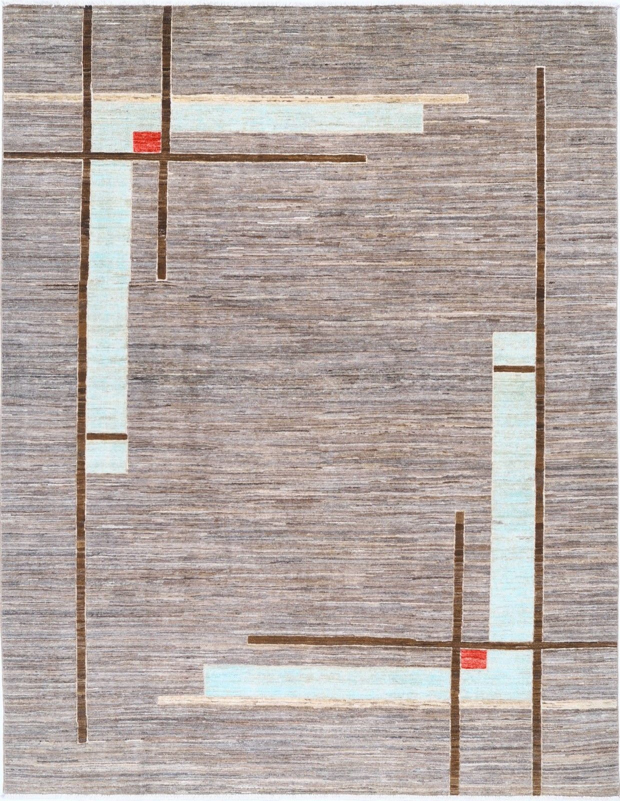 5.7x7.7 Ft Hand Knotted Gray, Blue & Brown Rug. Abstract Linear Geometric Design