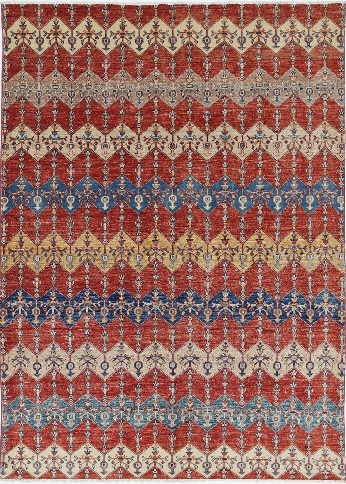 Tapis noué à la main rouge, ivoire et bleu marine à motif géométrique losangé, 1,66 x 2,34 m