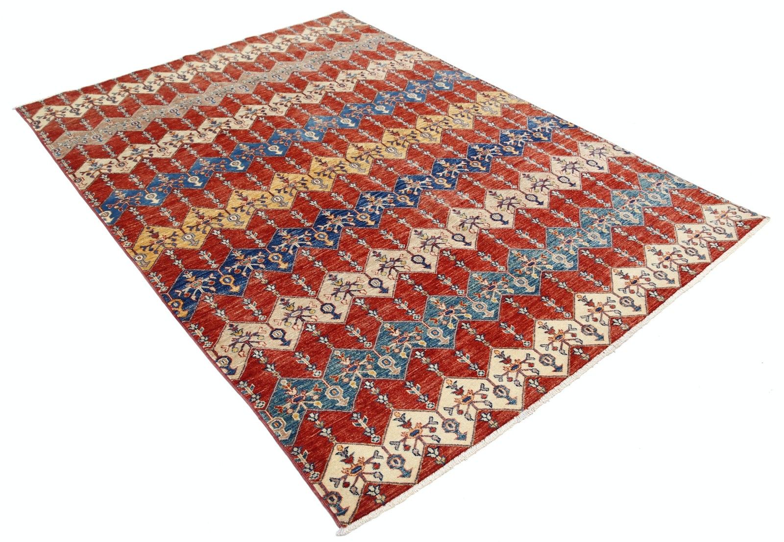 5.5x7.7 Ft Hand Knotted Red, Ivory & Navy Blue Rug With Diamond Geometric Design photo furniture