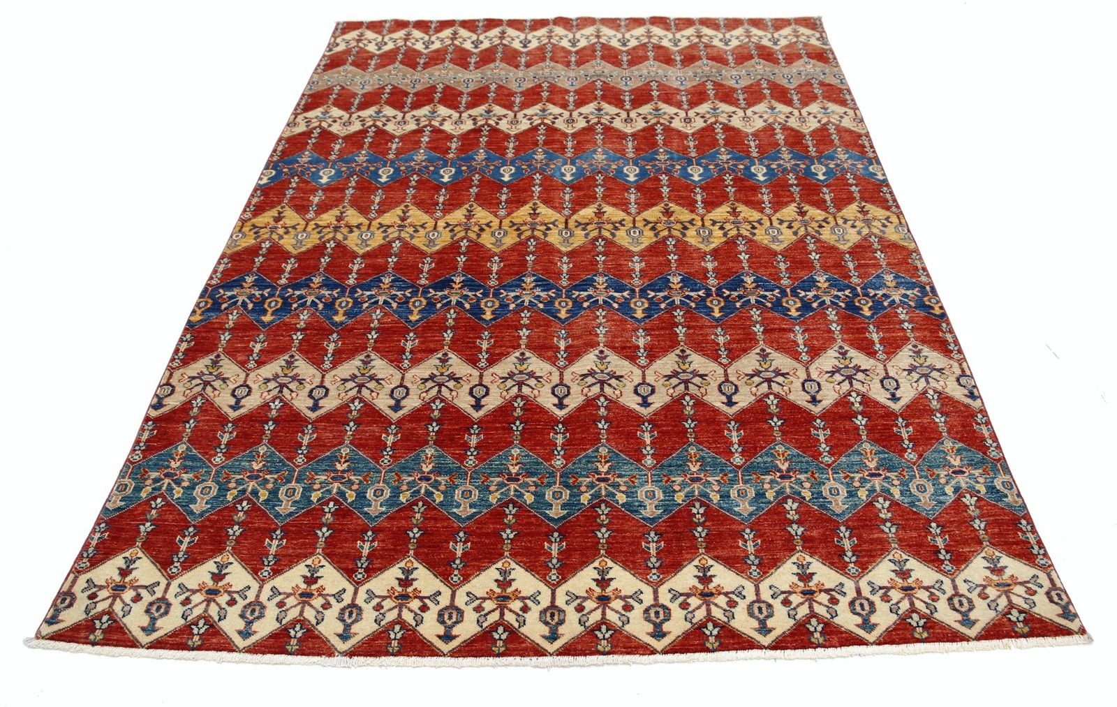 5.5x7.7 Ft Hand Knotted Red, Ivory & Navy Blue Rug With Diamond Geometric Design photo Textiles