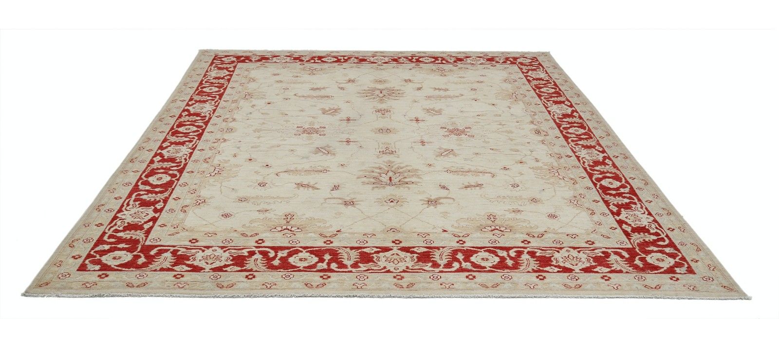 Tapis à motifs floraux noué à la main, fond beige et bordure rouge, 2,49 x 3,10 m photo Textiles