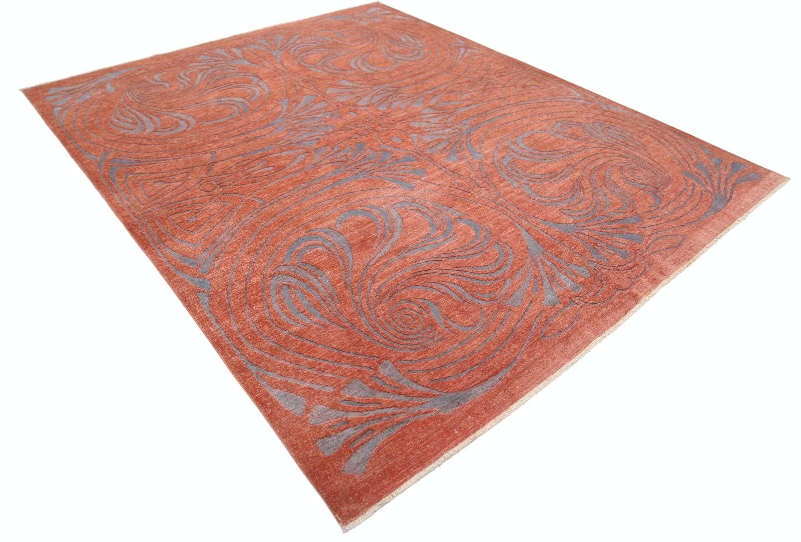 8x9,4 ft Handgeknoopt Terracottarood en Grijs Vloerkleed. Ornamenteel Abstract Tapijt photo furniture