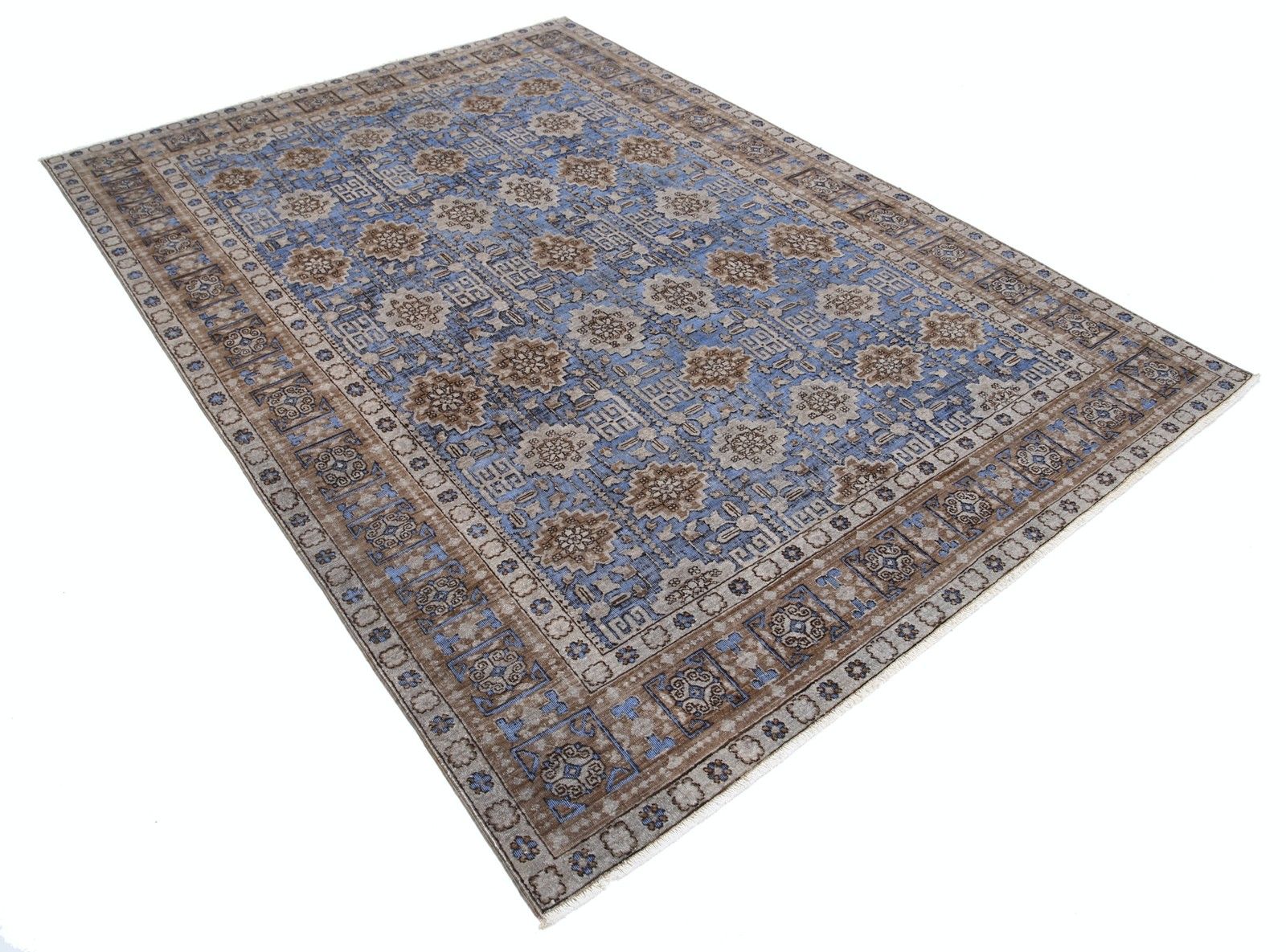 6x8.6 Ft Hand Knotted Light Blue, Taupe & Ivory Rug With Geometric Floral Design photo furniture