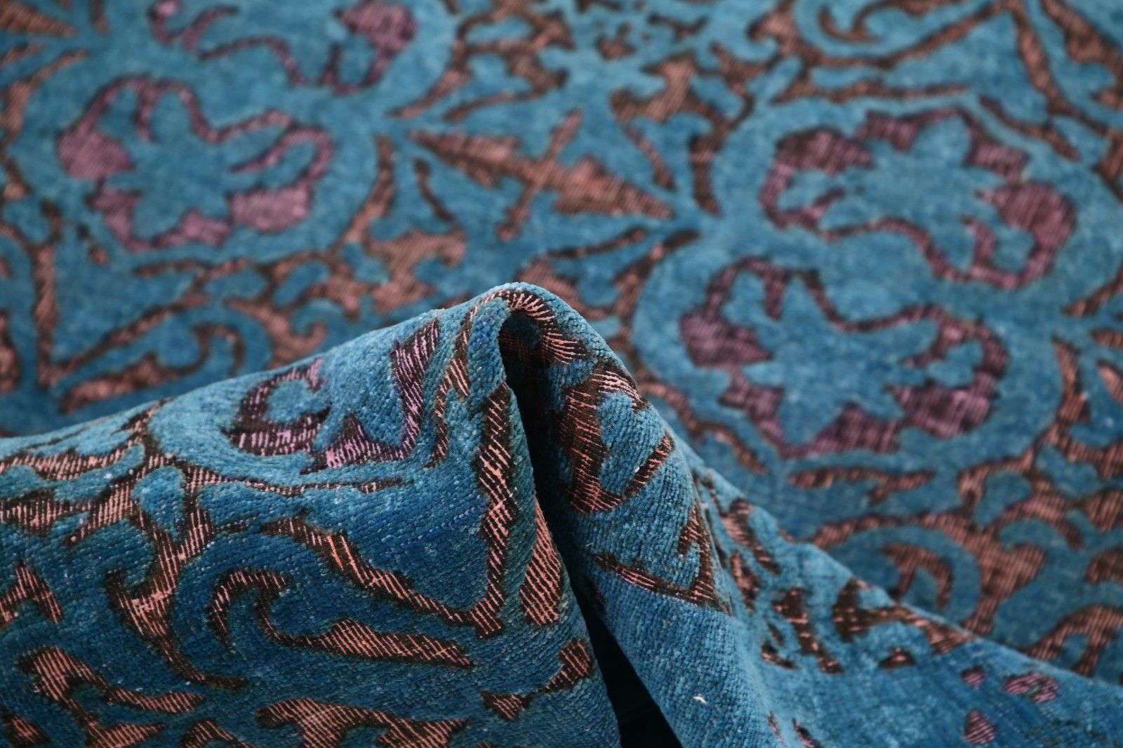 Tapis en laine noué à la main, bleu sarcelle et prune, 4 x 5,6 pi. Motif géométrique ornemental photo furniture