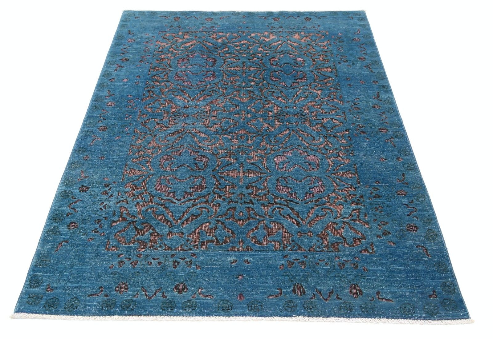 4x5.6 Ft Hand Knotted Teal Blue And Plum Wool Rug. Ornamental Geometric Design photo Textiles