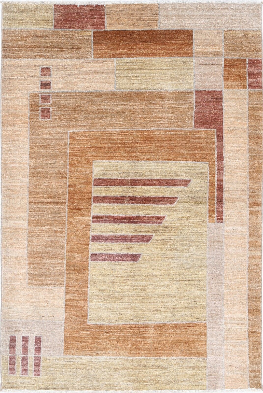 Handgemaakt vloerkleed in beige, bruin en rood, 3,8 x 6 ft. Abstract geometrisch dessin