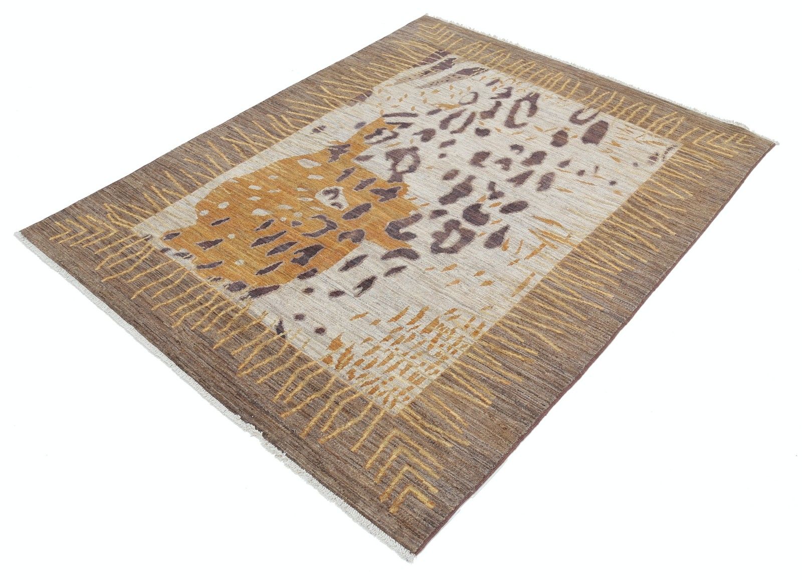 5x6.3 Ft Hand Knotted Brown, Beige And Mustard Area Rug. Abstract Design Carpet photo for sale