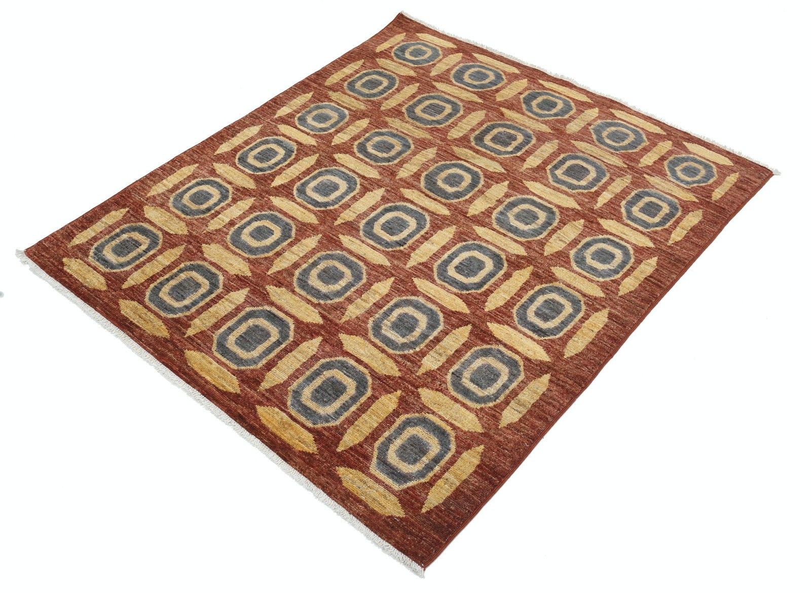 Tapis noué à la main rouille, or et anthracite à motif géométrique, 120 x 138 cm photo for sale