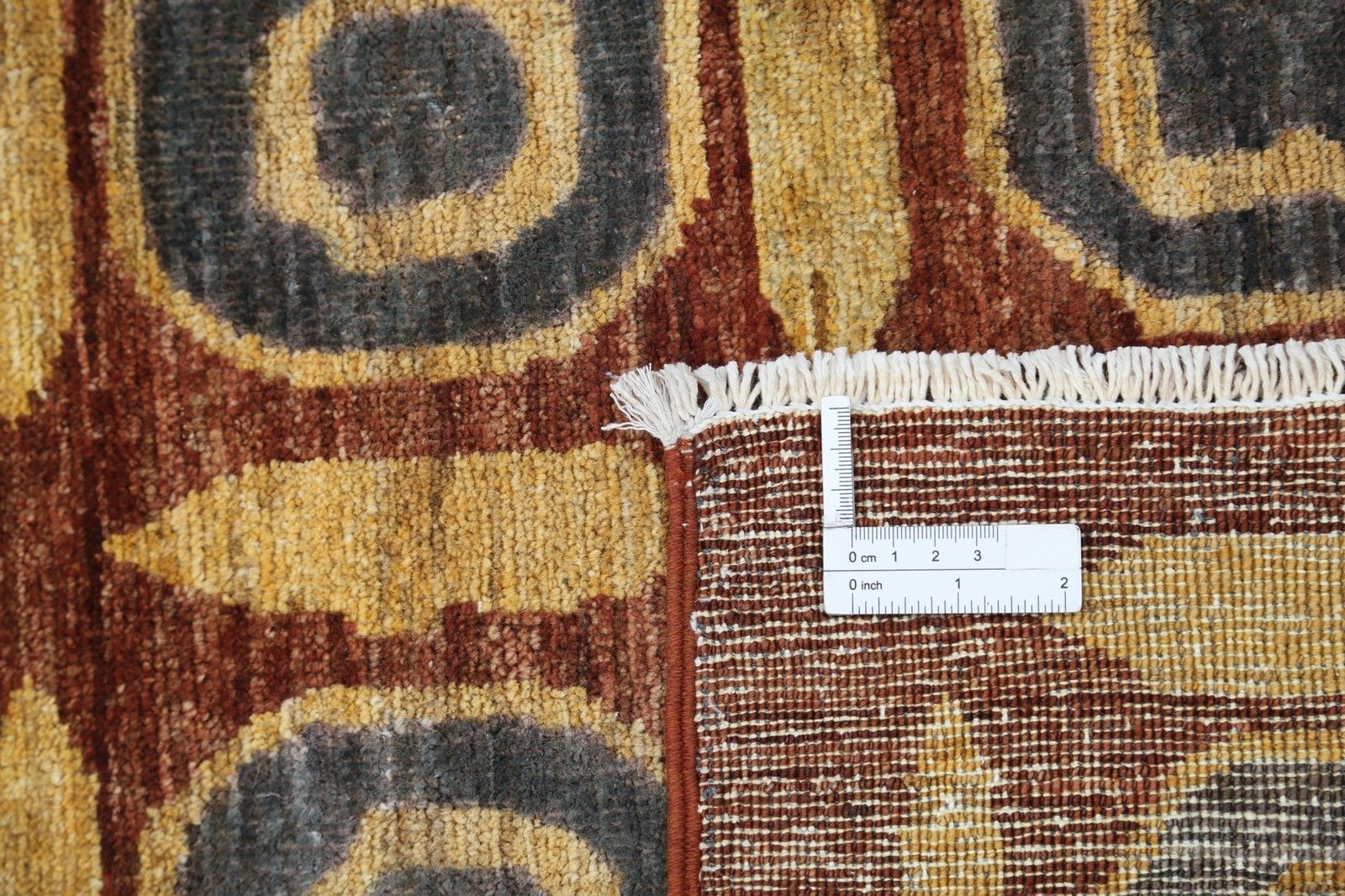 Tapis noué à la main rouille, or et anthracite à motif géométrique, 120 x 138 cm photo buy