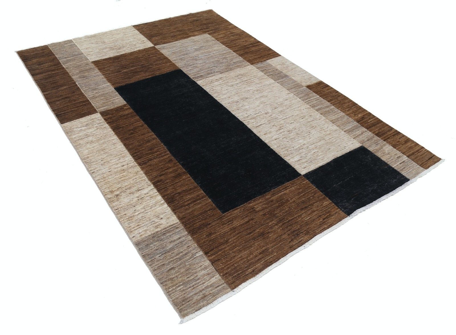 5.3x7.5 Ft Handmade Brown, Beige & Navy Blue Rug. Modern Geometric Block Design photo furniture