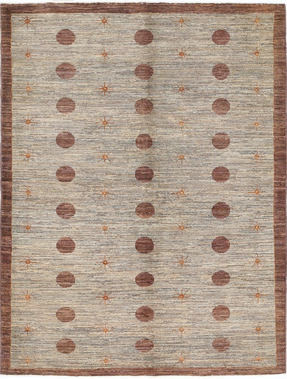 5x6.5 Ft Hand Knotted Beige And Brown Area Rug. Minimal Polka Dot Design Carpet