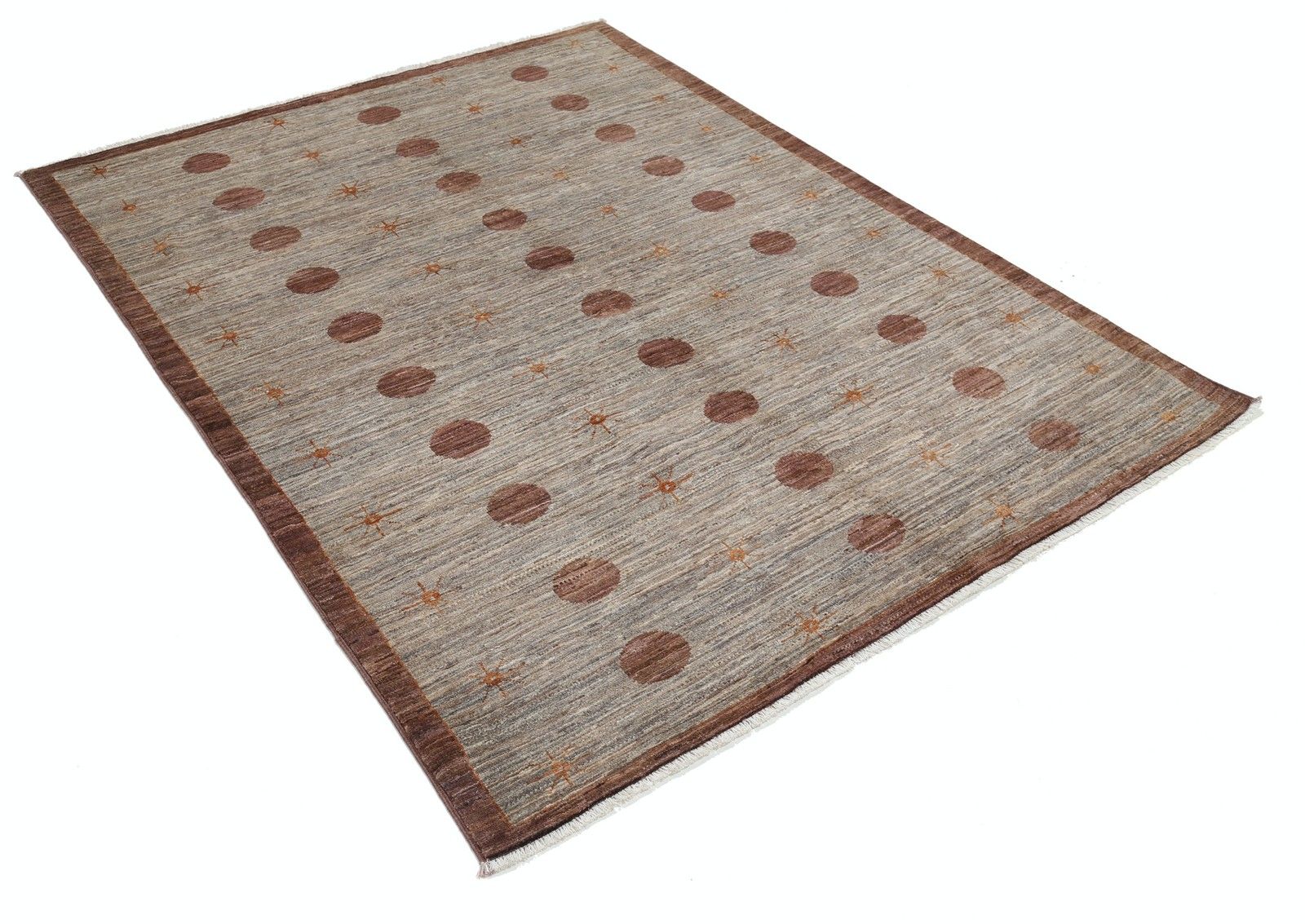 Tapis noué à la main beige et marron, 5 x 6,5 pi. Motif à pois minimaliste photo furniture