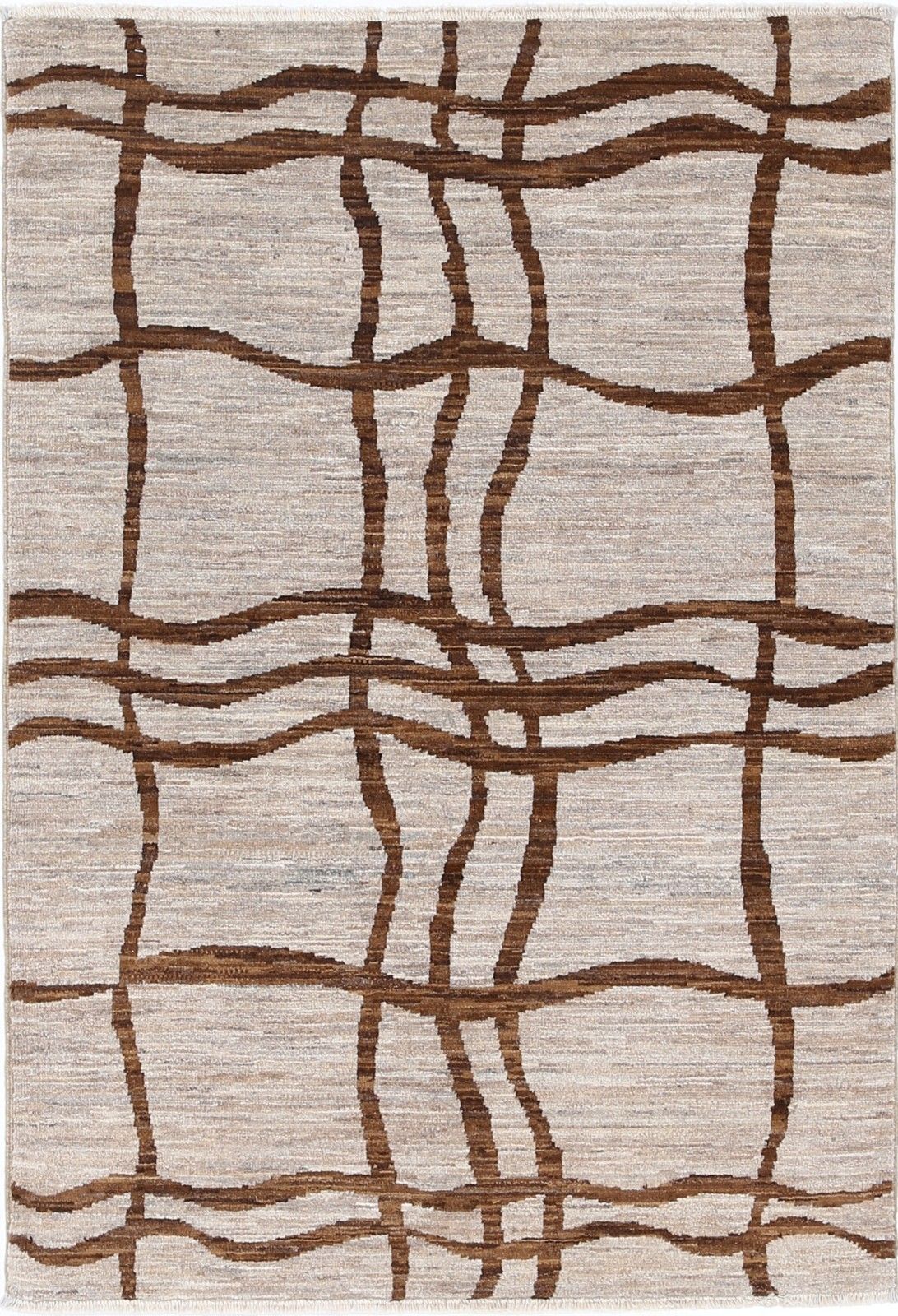 Tapis en laine noué à la main, ivoire et marron, motif linéaire abstrait - 1 x 1,46 m